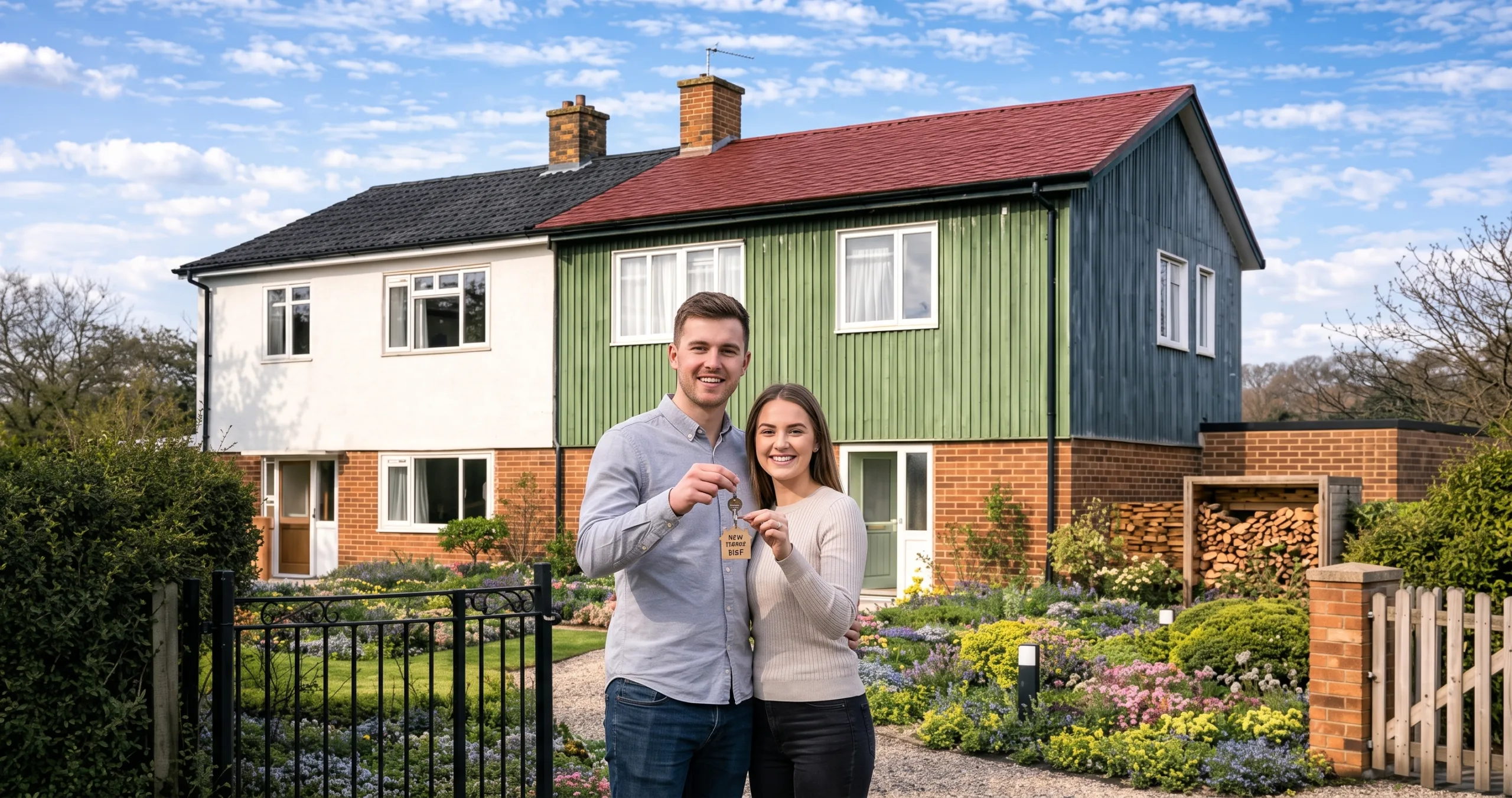 Young couple holding their house keys in front of a BISF house. They are both happy and proud to be stood outside their new home.