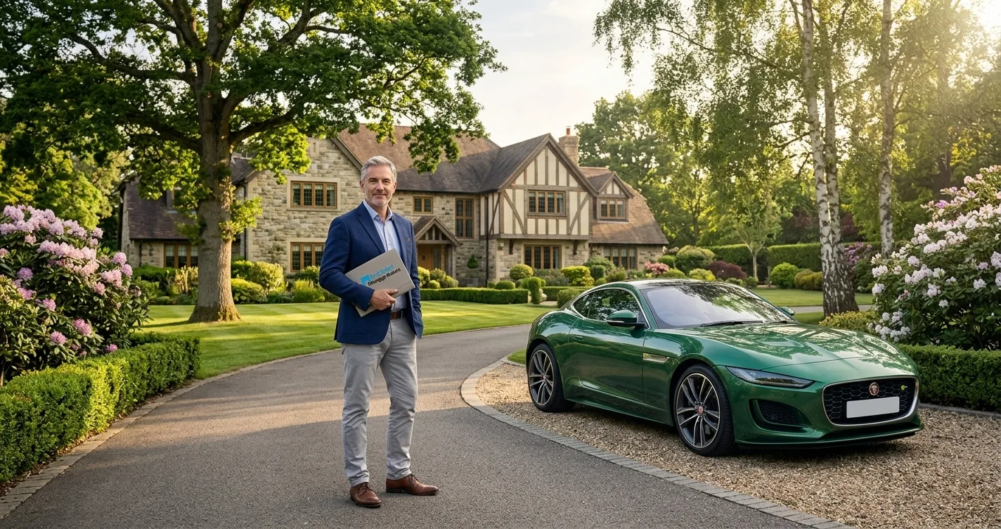 Business owner stood outside a luxury country home. Jaguar sports car on the drive way. He is aged 50 and is dressed smart holding a folder.