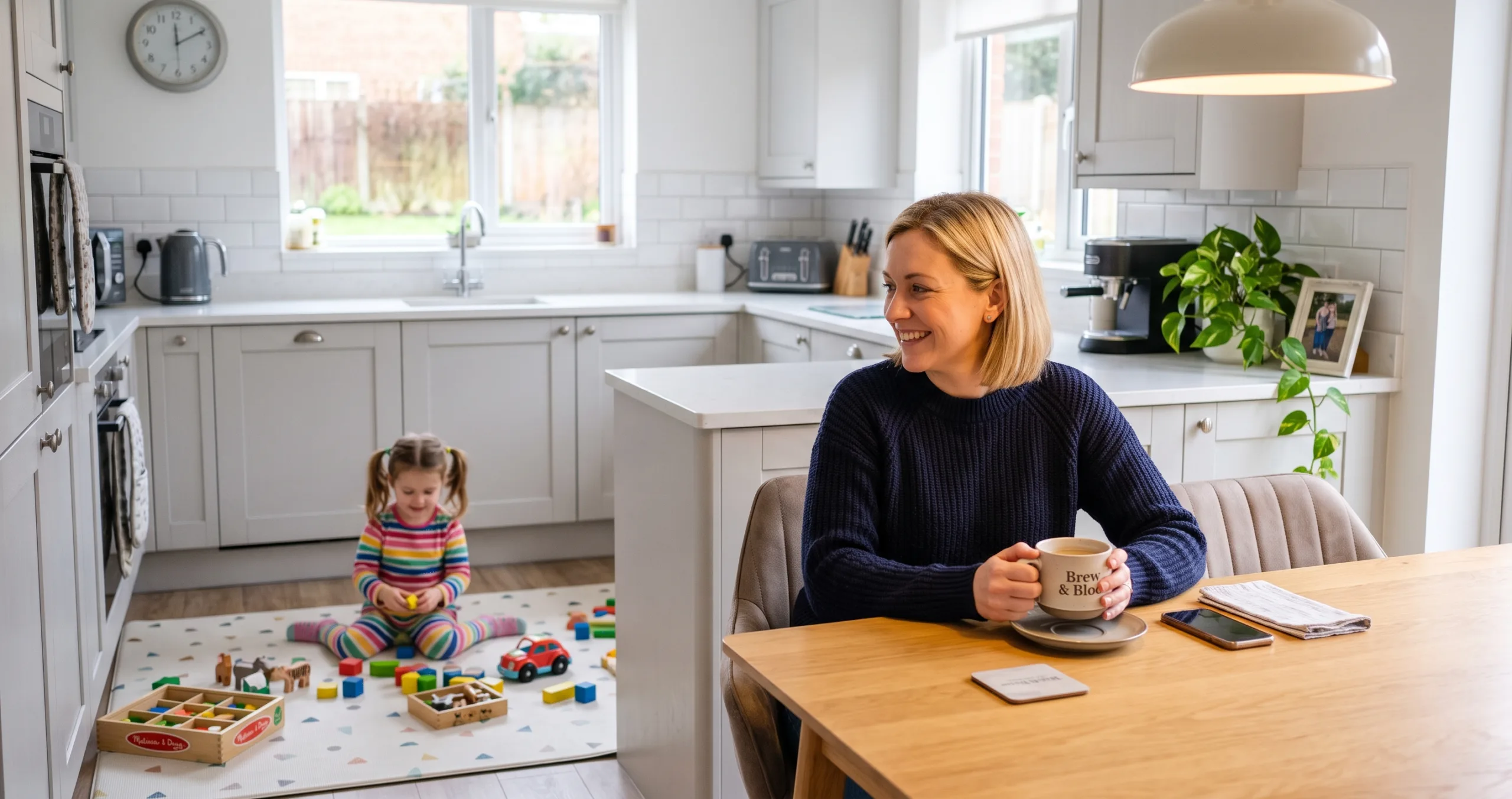 Happy single mother enjoying cup of coffee in kitchen. Toddler playing in the back ground with toys.