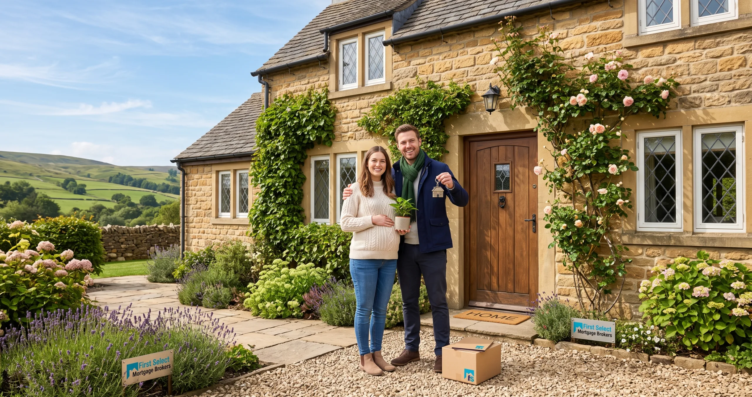 Young couple stood outside a nice cottage. They are both happy and the weather is nice. It is a stone cottage with wisteria growing on the outside walls.