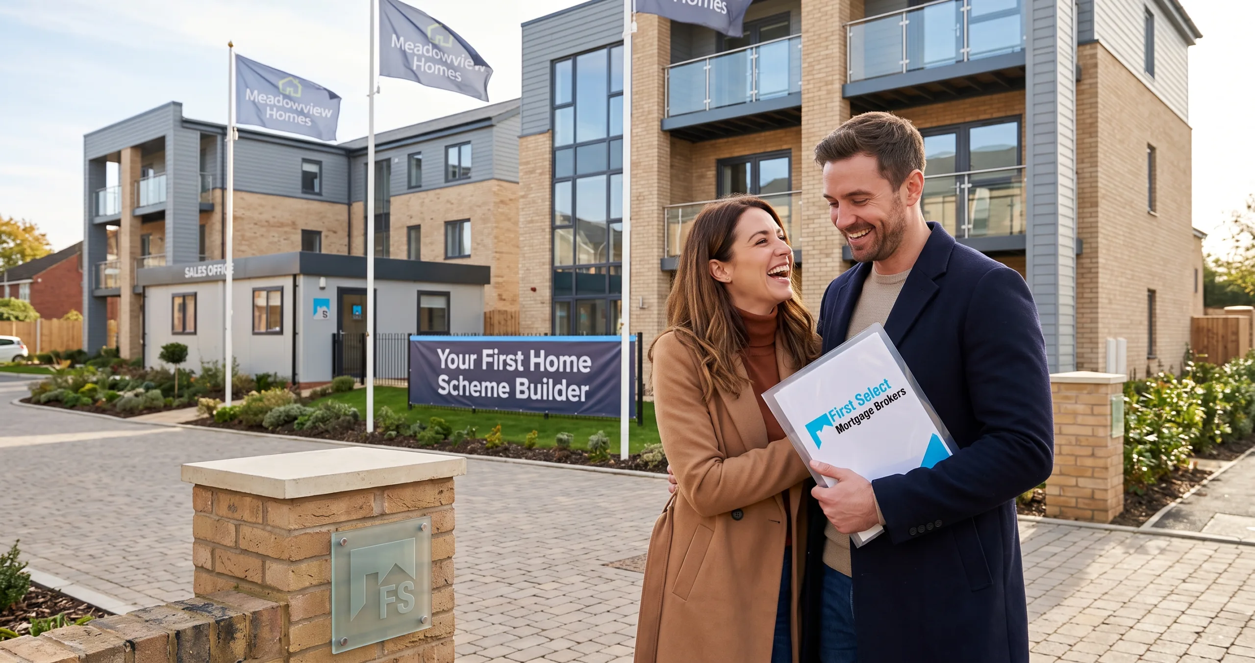 A young couple buying their new flat standing outside the new development on a nice day with a banner saying 'Your First Home' scheme.